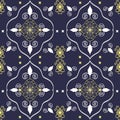 Ikat Seamless floral pattern with swirls and leaves on a blue background Royalty Free Stock Photo